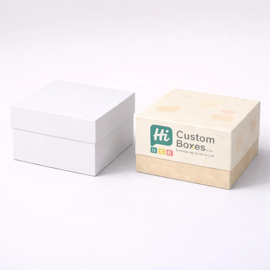 Two tall rectangular product boxes, one blank white and one printed with custom bakery graphics. class=